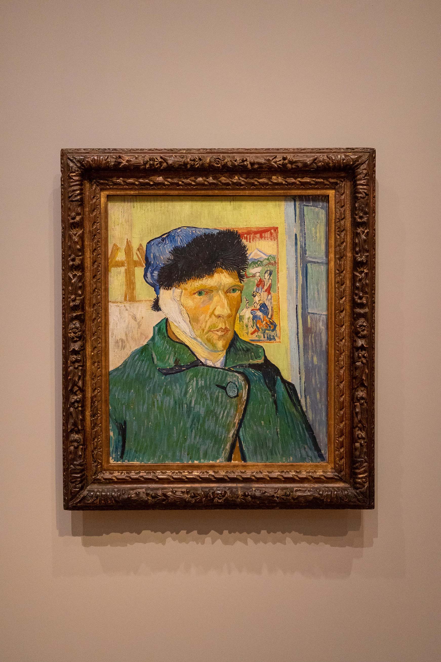 Painting of Vincent Van Gogh with bandaged ear.