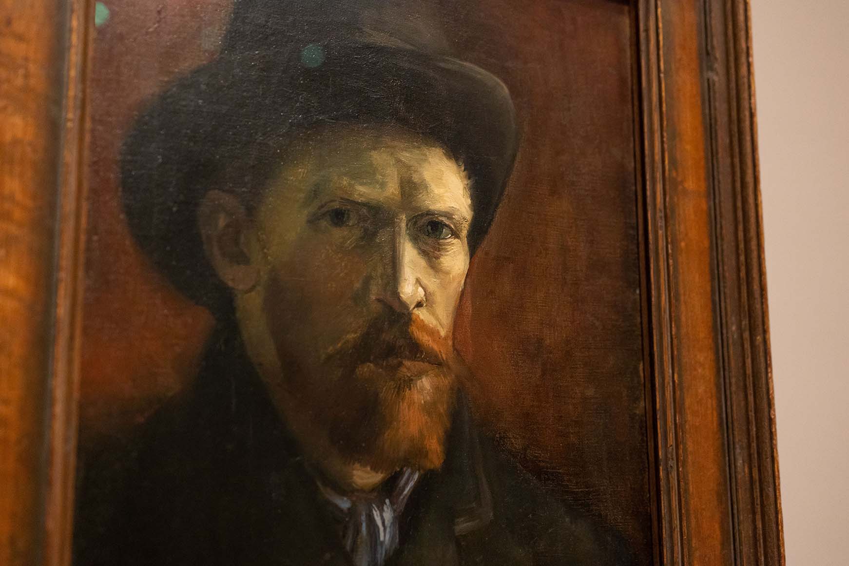 Self-portrait of Vincent van Gogh wearing black felt hat.